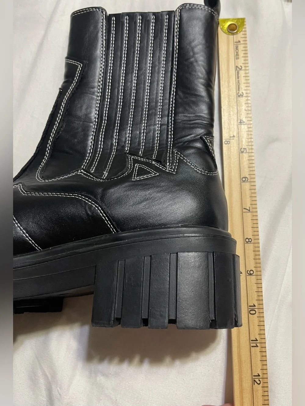 Women's Black Lug-Sole Chelsea Booties with Contrast Stitch